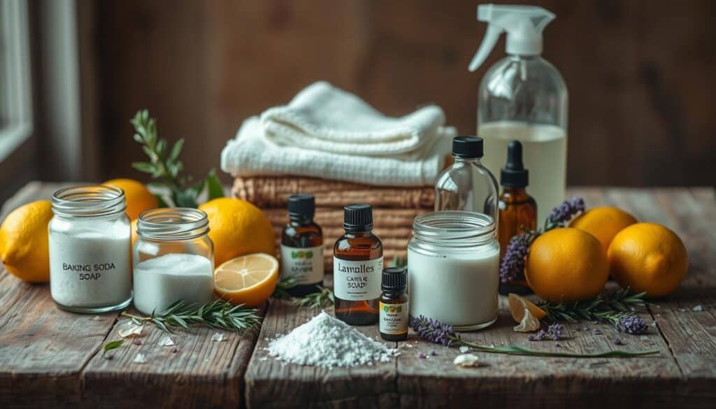 A still life arrangement of natural cleaning ingredients on a rustic wooden table, illuminated by soft, natural lighting. In the foreground, glass jars filled with baking soda, castile soap, and essential oils such as lemon, lavender, and tea tree. Scattered around are lemons, sprigs of rosemary, and other botanicals. The middle ground features a stack of reusable cleaning cloths and a small spray bottle, conveying the DIY, eco-friendly nature of the scene. The background is blurred, highlighting the simplicity and purity of the natural cleaning solutions. The overall mood is one of wellness, sustainability, and a connection to nature.