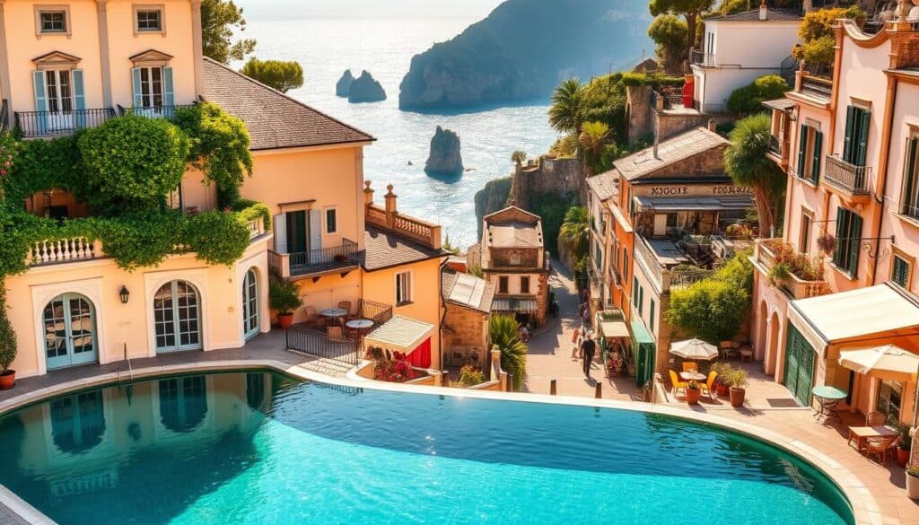 A stunning coastal villa nestled in the picturesque cliffs of Praiano, Amalfi Coast. The elegant facade, adorned with pastel-colored walls and lush Mediterranean foliage, creates a serene and inviting atmosphere. In the foreground, a tranquil pool reflects the warm, golden sunlight, while the middle ground showcases the charming, narrow streets lined with quaint shops and cafes. In the background, the breathtaking panorama of the Tyrrhenian Sea unfolds, with its sparkling turquoise waters and dramatic rocky outcrops. The scene evokes a sense of relaxation and wonder, perfectly capturing the hidden paradise that is Praiano.