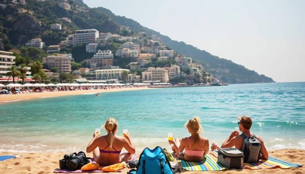 A sun-drenched Positano beach, the turquoise waters of the Tyrrhenian Sea lapping at the shore. In the foreground, a group of vacationers lounging on colorful beach towels, sipping chilled drinks and enjoying the warm Mediterranean breeze. In the middle ground, a row of striped beach umbrellas casting playful shadows on the golden sand. In the distance, the picturesque cliffside town, its pastel-hued buildings cascading down the hillside. Soft, diffused lighting bathes the scene, creating a dreamy, relaxed atmosphere. A pair of travelers, their backpacks and beach gear suggesting a budget-friendly getaway, relax and soak in the tranquil, sun-kissed beauty of this idyllic Italian coastline.