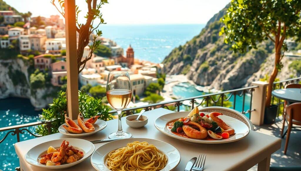A sun-drenched outdoor dining terrace overlooking the breathtaking Amalfi Coast. In the foreground, a table is set with local specialties - fresh seafood, handmade pasta, and a glass of crisp, chilled white wine. The middle ground features the iconic pastel-colored buildings and winding streets of the Amalfi town, with lush greenery cascading down the cliffs. In the background, the sparkling azure waters of the Tyrrhenian Sea stretch out to the horizon. Warm Mediterranean lighting filters through, creating a soft, romantic atmosphere. The scene evokes the leisurely, indulgent dining experience that epitomizes the Amalfi Coast lifestyle.