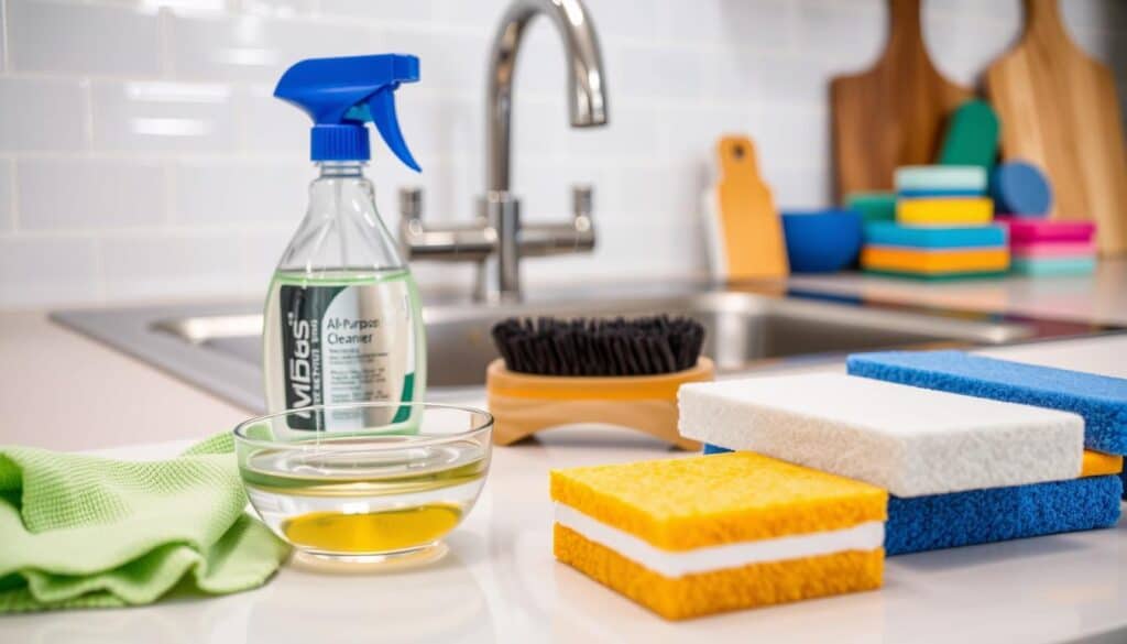 A well-lit kitchen countertop showcasing various cleaning implements and products arranged neatly. In the foreground, a microfiber cloth, a small bowl of natural cleaning solution, and a stiff-bristled scrub brush. In the middle ground, a spray bottle of all-purpose cleaner and a collection of sponges in different textures. The background features a gleaming stainless steel sink, a wooden cutting board, and a tiled backsplash. The scene conveys a sense of order, efficiency, and a commitment to maintaining a spotless, hygienic kitchen environment.