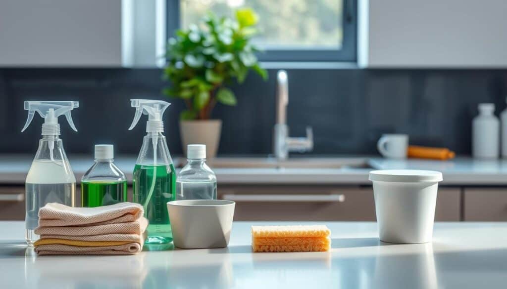 A well-lit, minimalist kitchen countertop featuring an assortment of eco-friendly cleaning products - glass spray bottles, refillable containers, and natural sponges. In the foreground, a stack of reusable cloths and a small compost bin, symbolizing the reduction of single-use waste. The middle ground showcases a sleek, modern sink with running water, reflecting the sustainable ethos. The background depicts a lush, green potted plant, adding a touch of nature to the scene. The overall atmosphere conveys a sense of clean, efficient, and environmentally-conscious home cleaning.