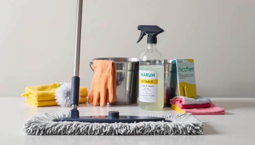A well-lit, minimalist tabletop scene showcasing an assortment of essential deep cleaning tools and supplies. In the foreground, a sleek microfiber mop, a sturdy scrub brush, and a set of color-coded cleaning cloths are neatly arranged. In the middle ground, a stainless steel bucket, a spray bottle filled with a natural cleaning solution, and a pair of rubber gloves stand ready for action. The background features a subtle, neutral-toned backdrop, allowing the tools to take center stage. The overall composition conveys a sense of efficiency, organization, and a dedication to thorough, eco-friendly home cleaning.