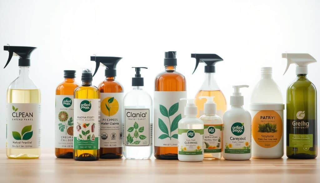 A well-lit tabletop scene showcasing an assortment of sustainable cleaning products. In the foreground, various eco-friendly bottles and containers are neatly arranged, their labels prominently displayed. The middle ground features a minimalist white background, allowing the products to stand out. The lighting is soft and diffused, creating a warm, inviting atmosphere. The camera angle is slightly elevated, providing a clear, unobstructed view of the items. The overall composition emphasizes the visual comparison of the different green cleaning brands, highlighting their distinctive packaging and design.