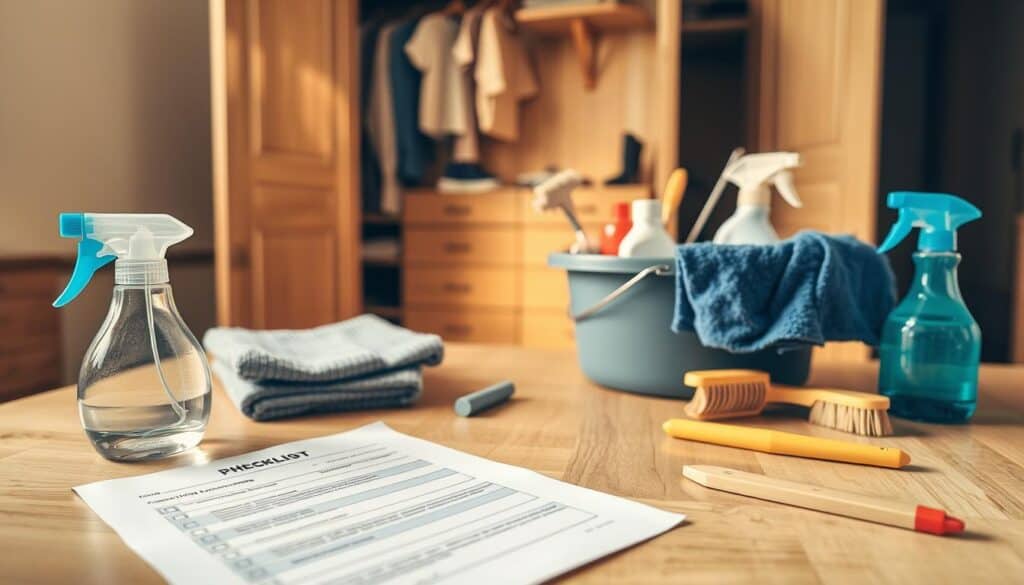 A well-organized bedroom deep cleaning plan laid out on a wooden table, with cleaning supplies neatly arranged. In the foreground, a checklist and a spray bottle, alongside folded microfiber cloths and a small brush. In the middle ground, a bucket filled with cleaning solutions and a dusting wand. In the background, an open wardrobe showcasing a tidy, organized interior. Warm, natural lighting illuminates the scene, creating a sense of efficiency and productivity. The overall atmosphere conveys a methodical, thorough approach to deep cleaning a bedroom.