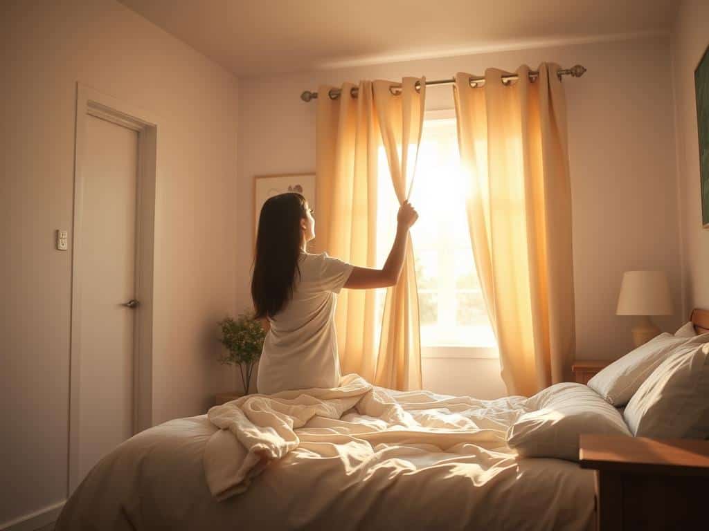 A woman stands gracefully in front of a large window, gently parting soft, flowing curtains to let in the morning sunlight. She's wearing a light robe or sleepwear, her hair slightly tousled from sleep. Golden light streams in, illuminating the room with a warm, peaceful glow. Outside, hints of greenery or a cityscape peek through. The moment feels calm, refreshing, and full of new beginnings.