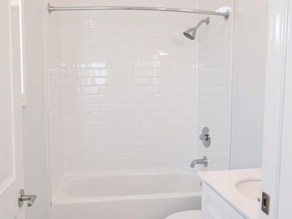 All-white tub and shower combo with strategic tile patterns to maximize light