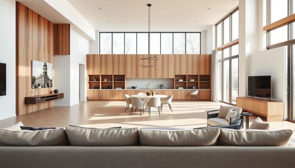 An open-concept living room with a dining area, bathed in warm, natural light filtering through large, panoramic windows. In the foreground, a stylish sofa and armchair arrangement creates a cozy seating area, while a modern, minimalist dining table and chairs occupy the middle ground. The background features built-in shelving units and a statement light fixture, providing visual balance and a sense of cohesion. The space showcases a harmonious blend of textures, such as wood, metal, and soft fabrics, and a muted color palette that evokes a sense of tranquility. This visually striking yet practical layout aims to address the common challenges of open-concept living, including zoning, lighting, and furniture placement. An open-concept living room with a dining area, bathed in warm, natural light filtering through large, panoramic windows. In the foreground, a stylish sofa and armchair arrangement creates a cozy seating area, while a modern, minimalist dining table and chairs occupy the middle ground. The background features built-in shelving units and a statement light fixture, providing visual balance and a sense of cohesion. The space showcases a harmonious blend of textures, such as wood, metal, and soft fabrics, and a muted color palette that evokes a sense of tranquility. This visually striking yet practical layout aims to address the common challenges of open-concept living, including zoning, lighting, and furniture placement.