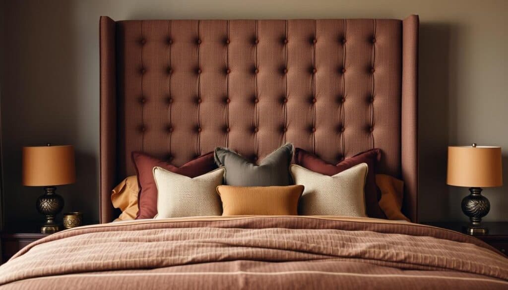 Bed with brown tweed upholstered headboard and coordinating fall bedding