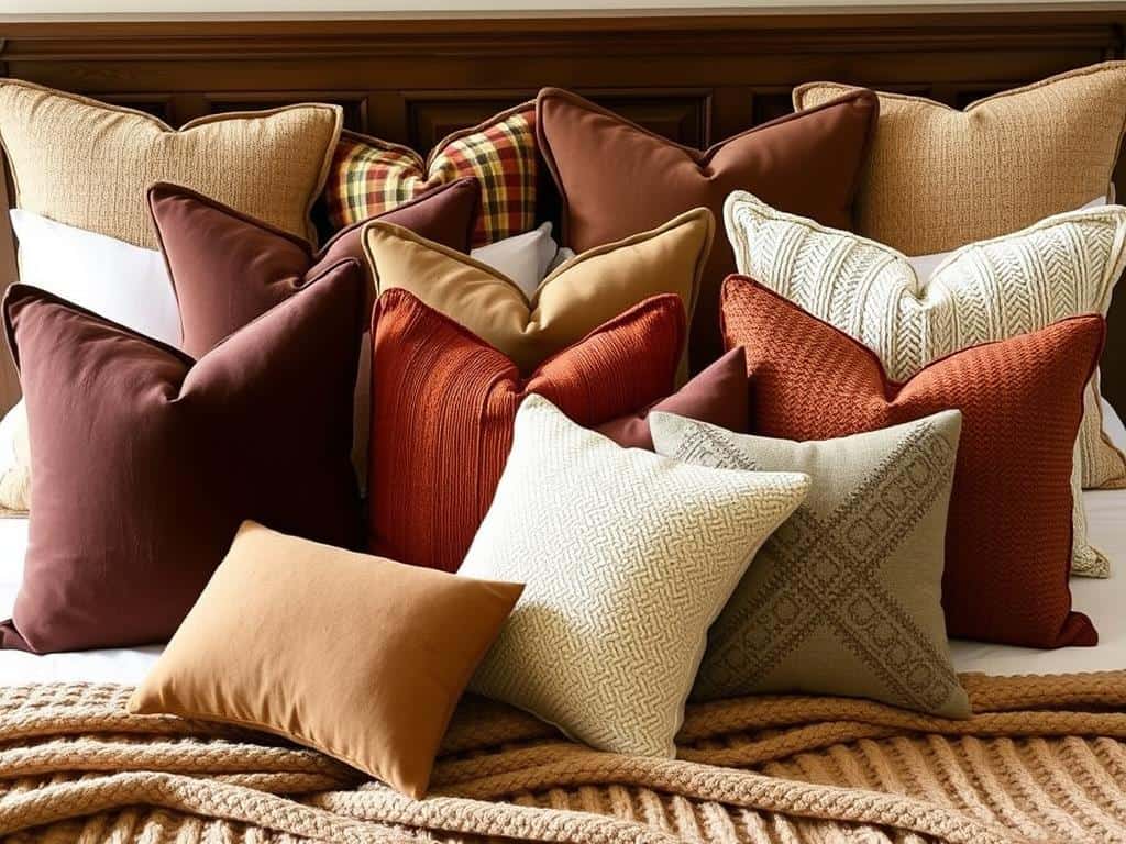 Bed with various fall cushion covers in brown tones and textures