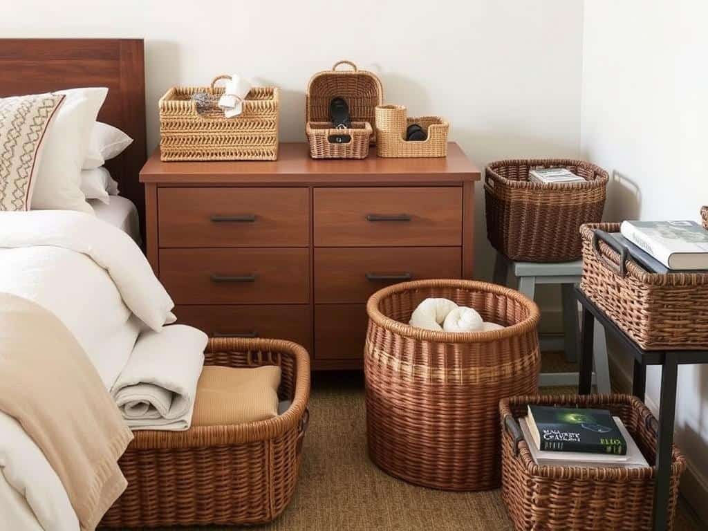 Bedroom corner with various woven brown baskets for storage
