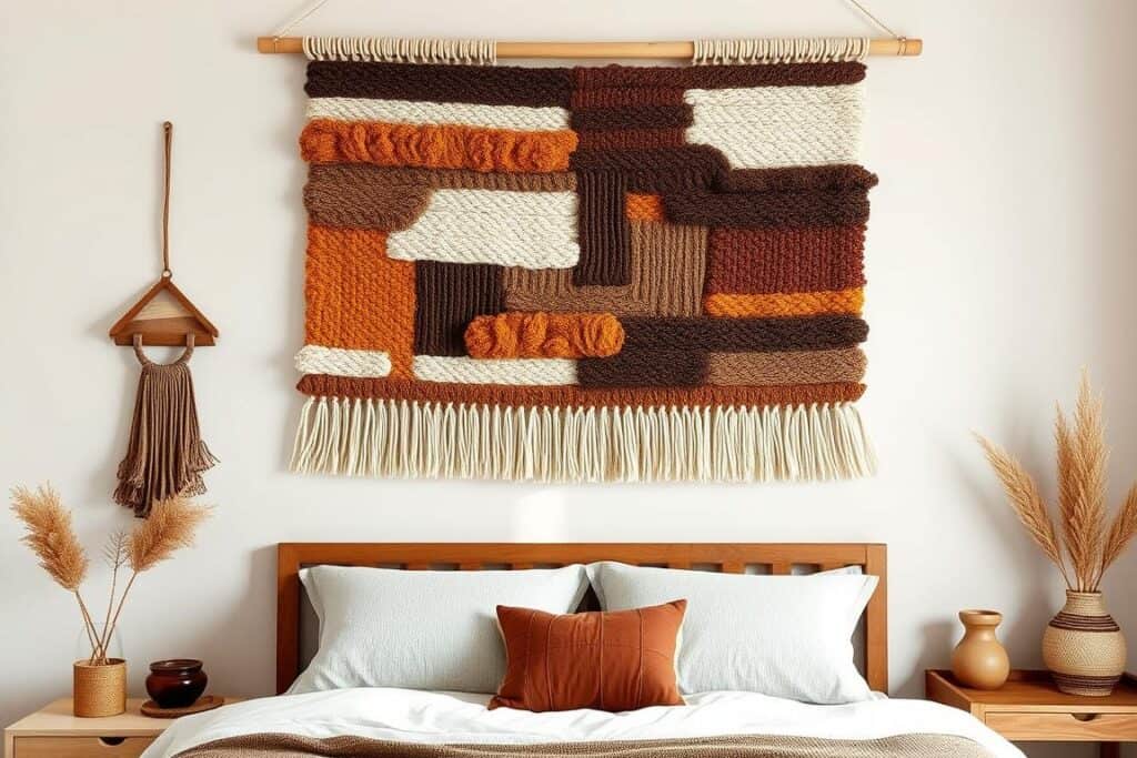 Bedroom wall with woven textile hanging featuring brown and amber tones