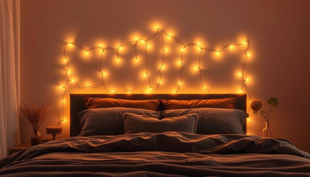 Bedroom with amber fairy lights strung above bed creating warm glow