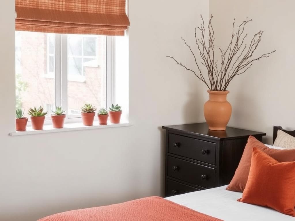 Bedroom with terracotta accents including planters and decorative items