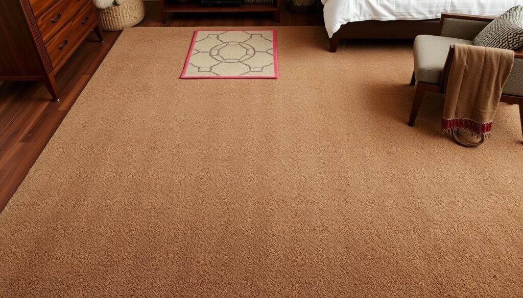 Bedroom with textured brown area rug anchoring the space