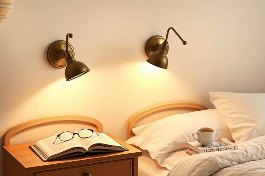 Bedside with amber reading lights mounted on wall above nightstands