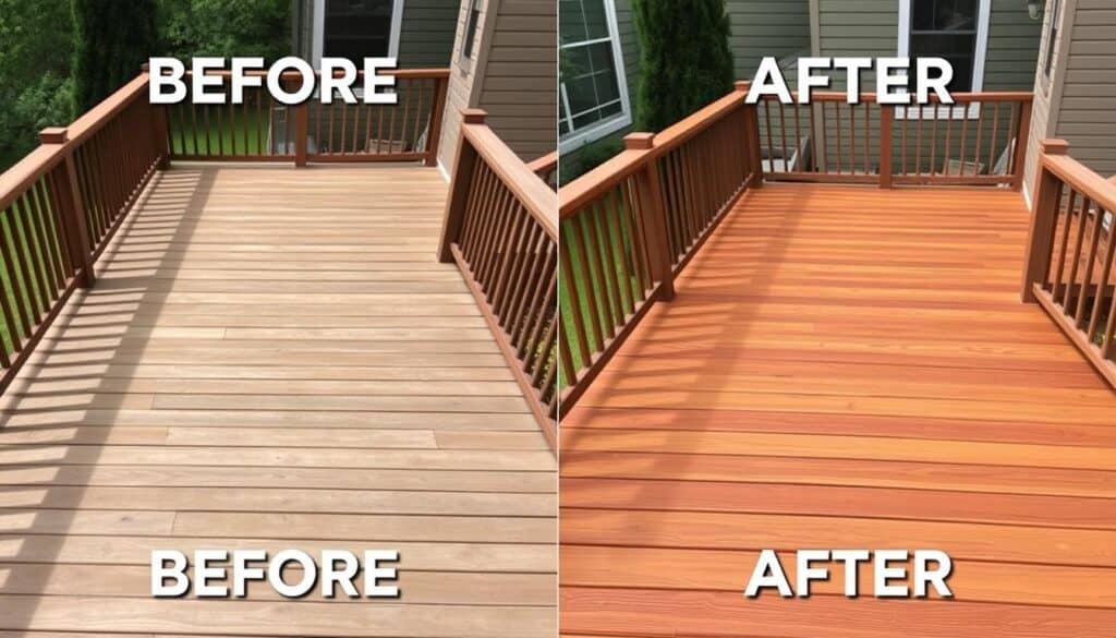 Before and after of deck transformation with new stain color combination