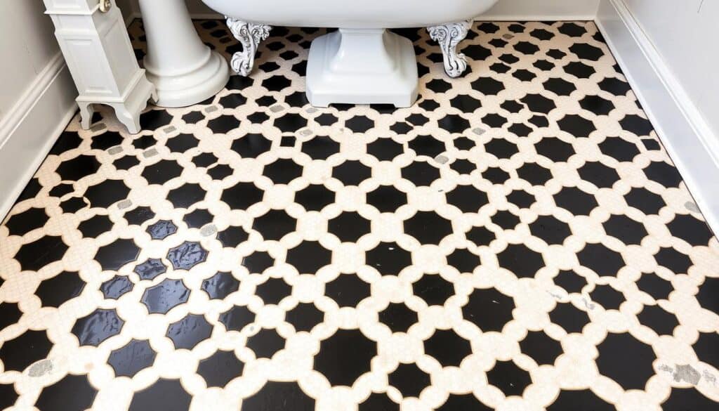 Black and white hexagonal floor tiles in a vintage bathroom design