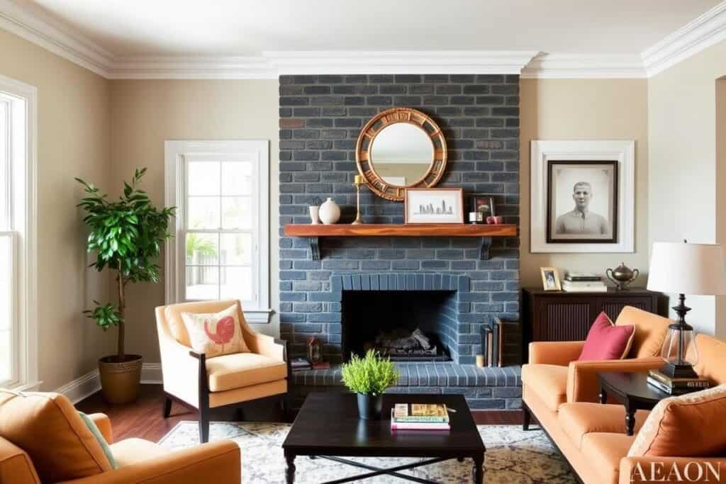 Brick fireplace painted in a bold color like deep green or navy blue