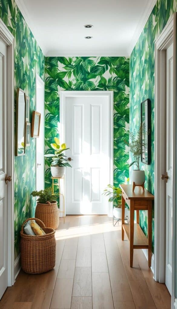 Bright hallway with green botanical leaf wallpaper and natural accents