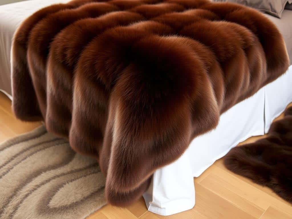 Brown faux fur throw blanket and small rug beside a bed