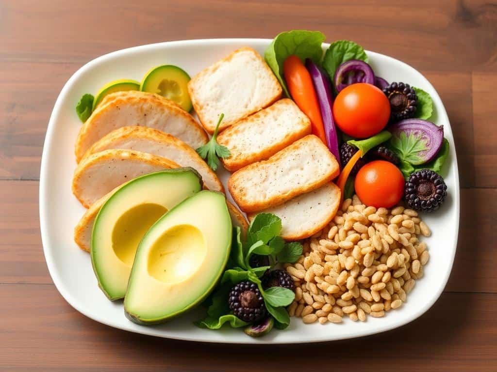 Colorful balanced lunch plate with protein, vegetables and healthy fats for hormone balance