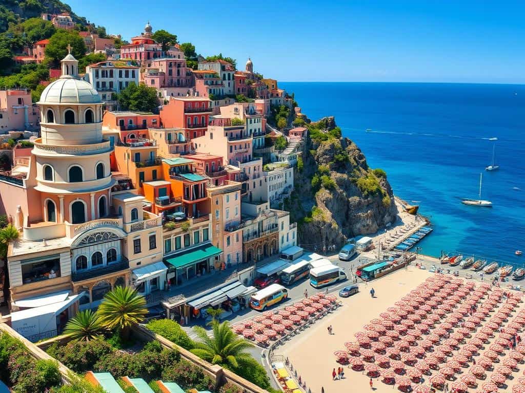Colorful buildings of Positano cascading down the cliffside to the beach, one of the most iconic Amalfi Coast towns to visit