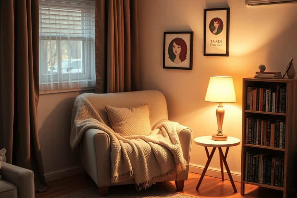 Comfortable reading nook in the corner of a small living room with chair, lamp, and bookshelf