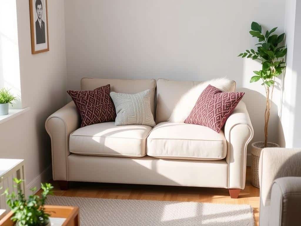 Compact loveseat in a small living room with plush cushions and clean lines