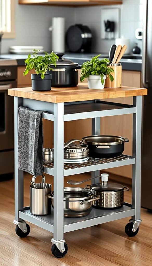 Compact rolling kitchen island with storage shelves