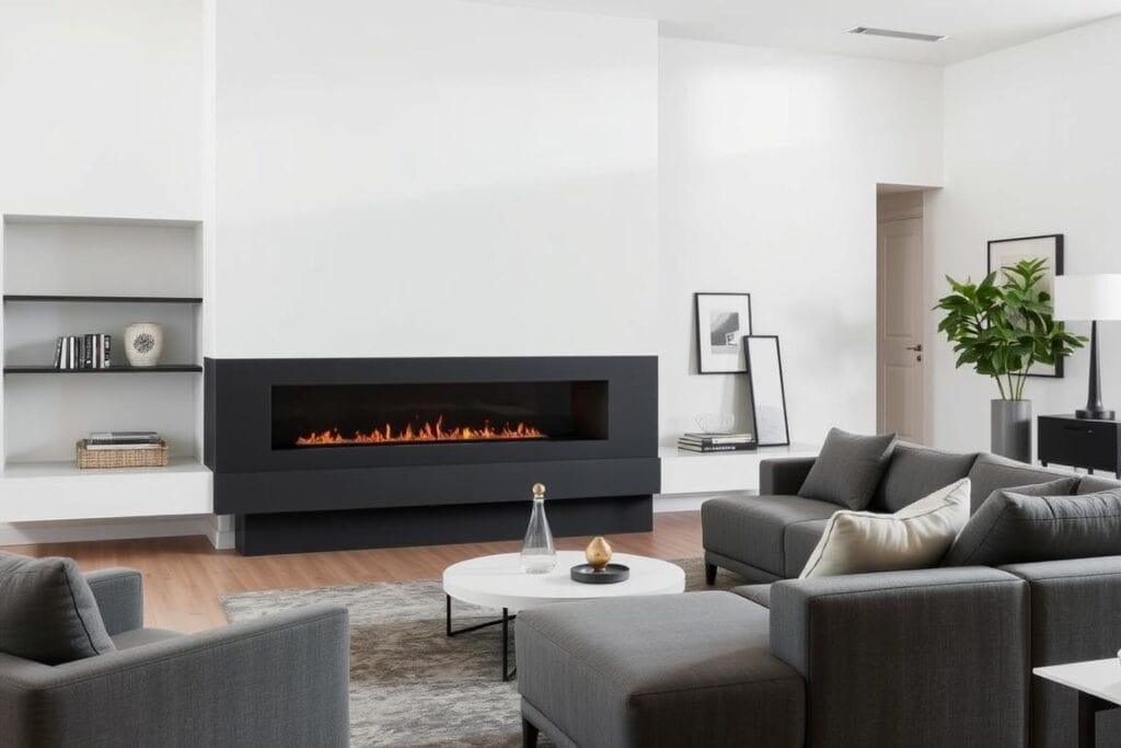 Contemporary black fireplace with geometric lines in a modern living room