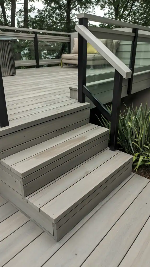 Contemporary deck with driftwood gray stain and matte black metal accents