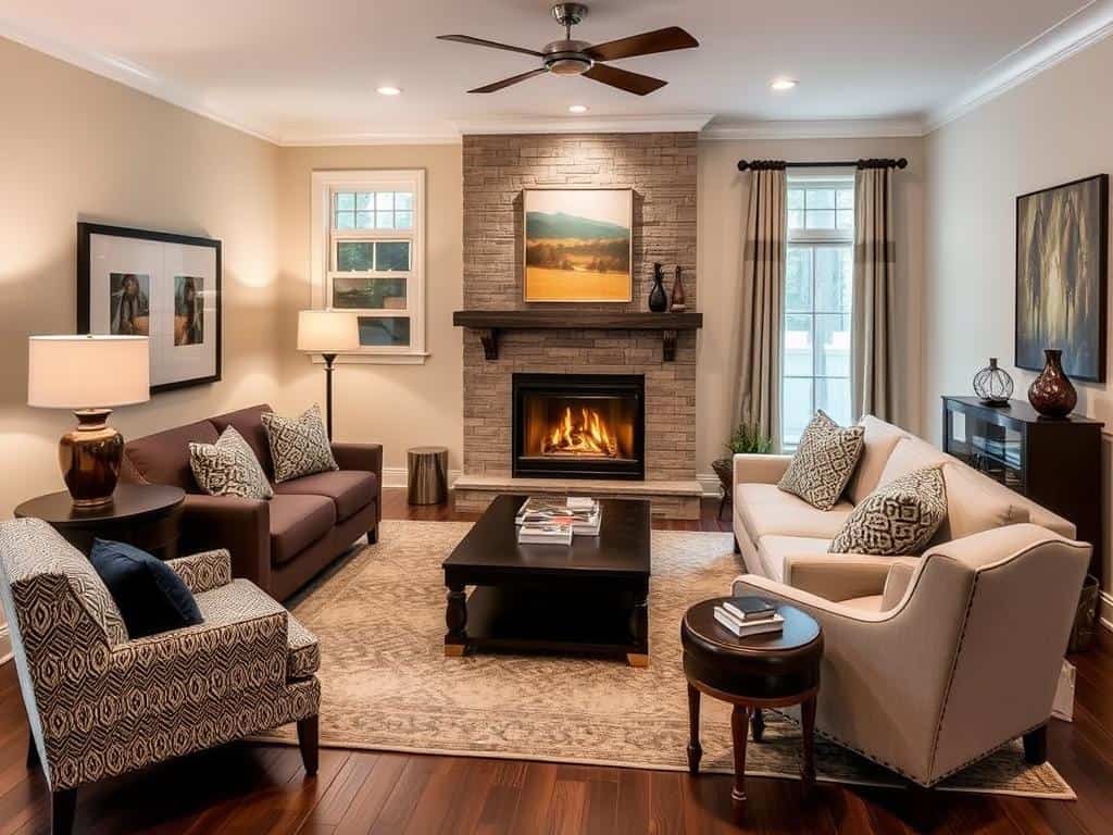 Corner fireplace with furniture arranged in a conversational layout