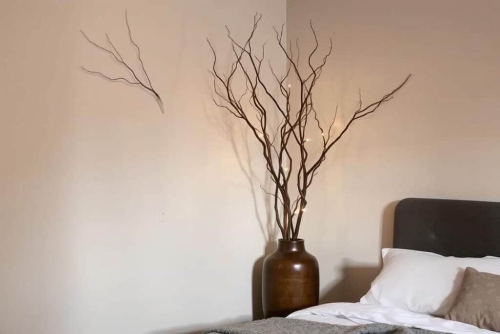 Corner of bedroom with tall branches arranged in ceramic vase