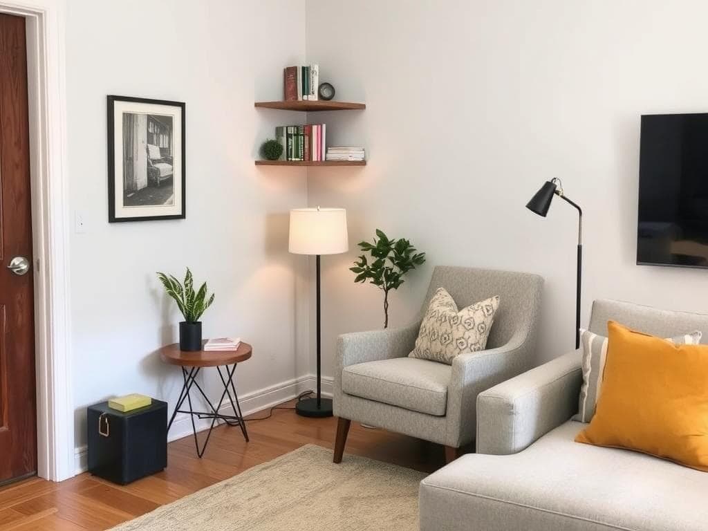 Corner reading nook in a small living room with comfortable chair and corner shelving