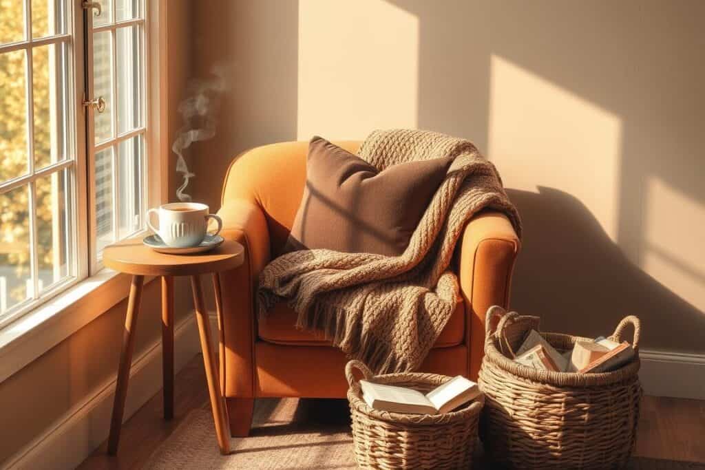 Corner reading nook with comfortable chair, brown pillows and throw blanket