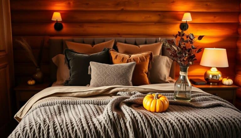 Cozy brown bedroom with fall decor elements including textured pillows and warm lighting