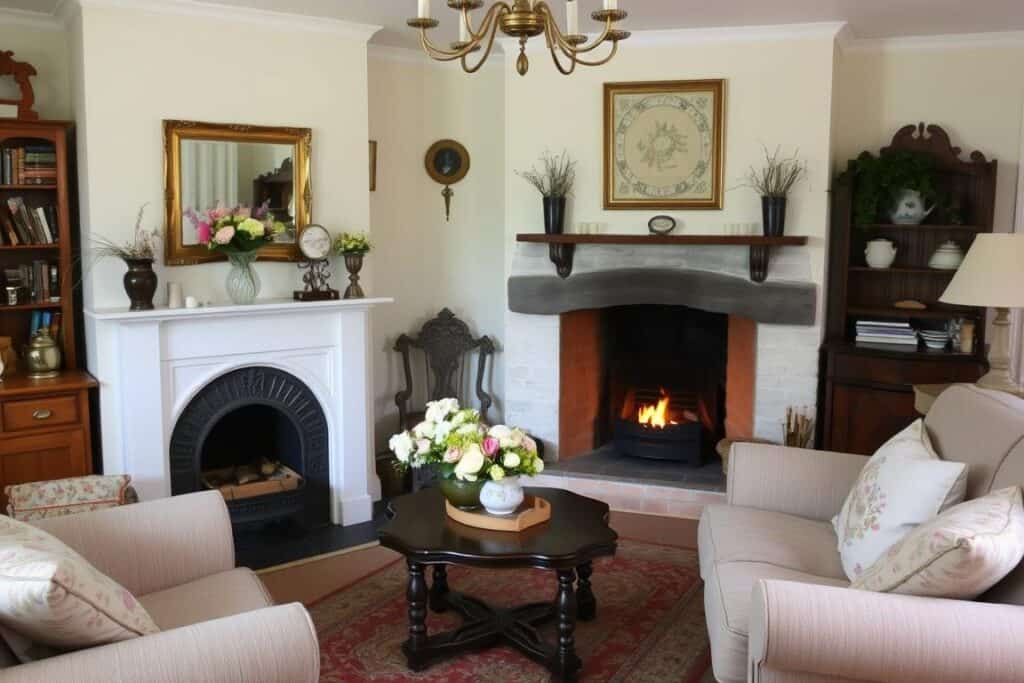 Cozy cottage-style fireplace with floral arrangements and vintage accessories
