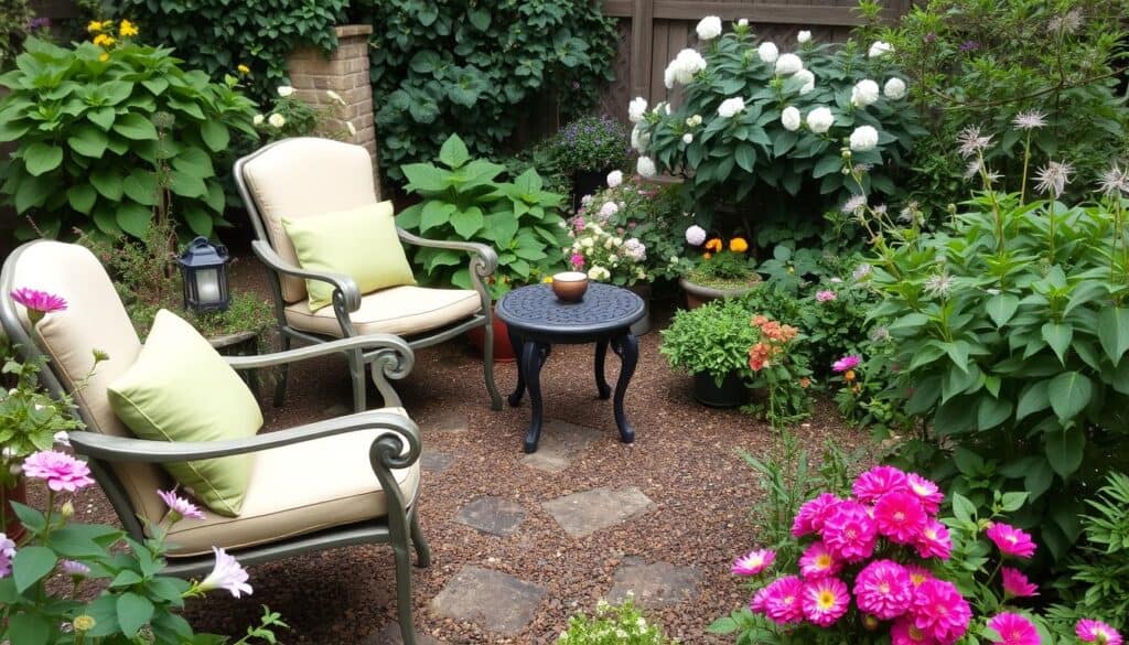 Cozy garden seating corner with comfortable chairs and small table