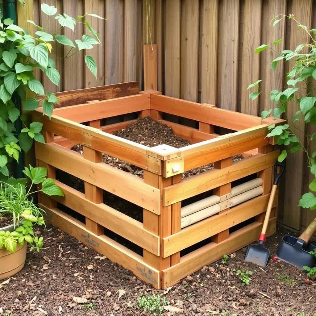 DIY compost bin made from wooden pallets in a garden corner