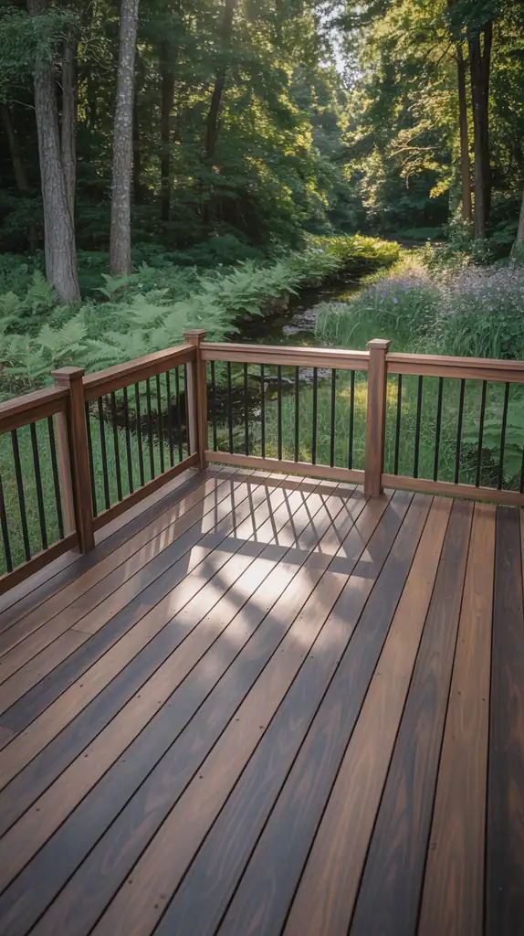 Deck in wooded area with stain color that hides debris and pollen