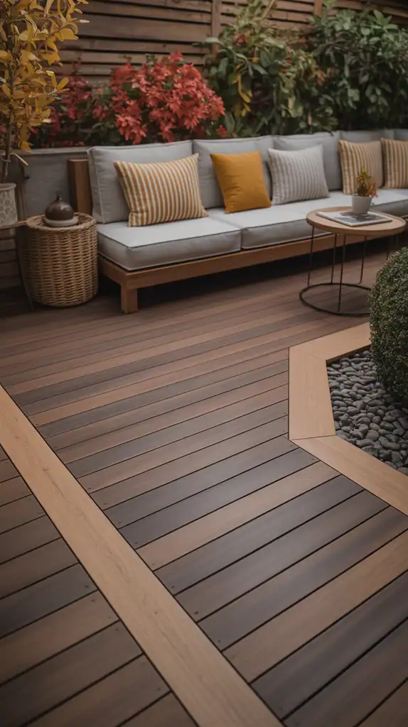 Deck with autumn brown main surface and golden oak accents creating warm fall-inspired look