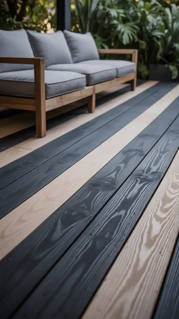 Deck with charcoal and cream stain color combination showing dramatic contrast