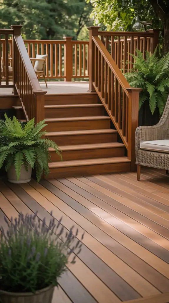 Deck with honey oak main surface and espresso accents on steps and railings