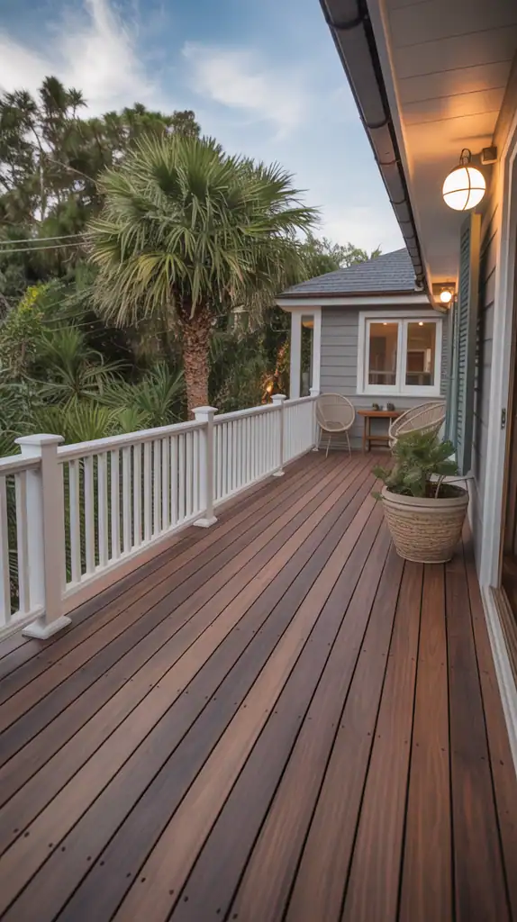 Deck with mahogany stain and warm white trim mimicking the look of composite decking