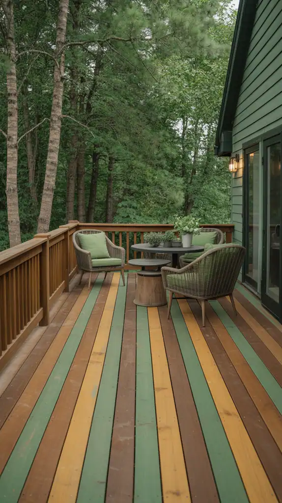 Deck with moss green and weathered tan stain combination blending with natural surroundings