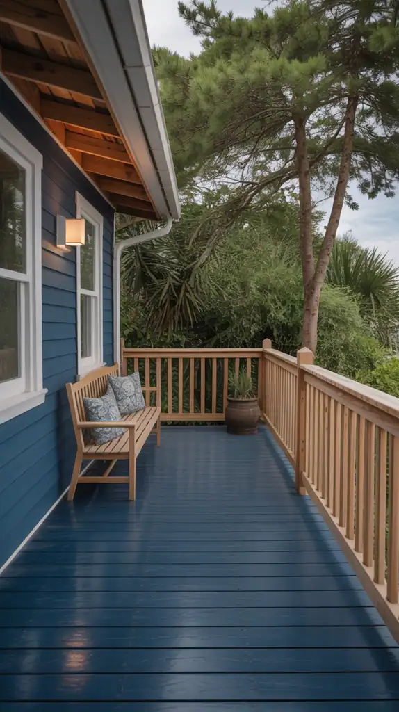Deck with navy blue stain on the floor and natural cedar railings creating coastal vibe
