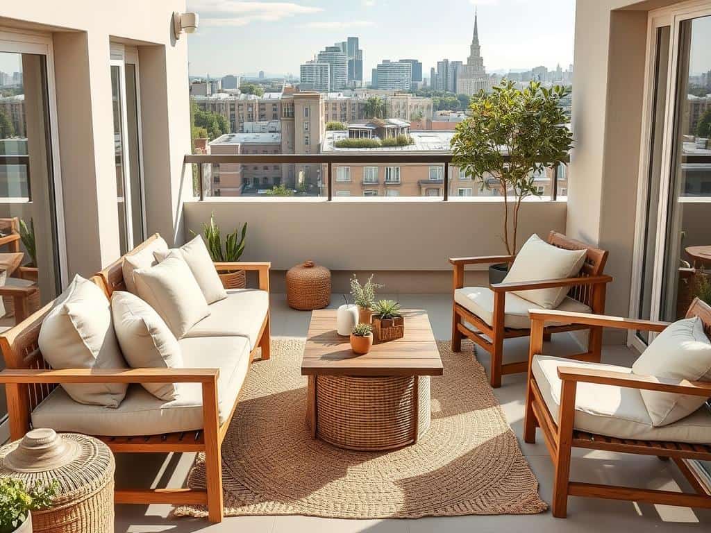 Designer balcony with layered neutral tones and natural textures including linen cushions, jute rug, and wooden accents