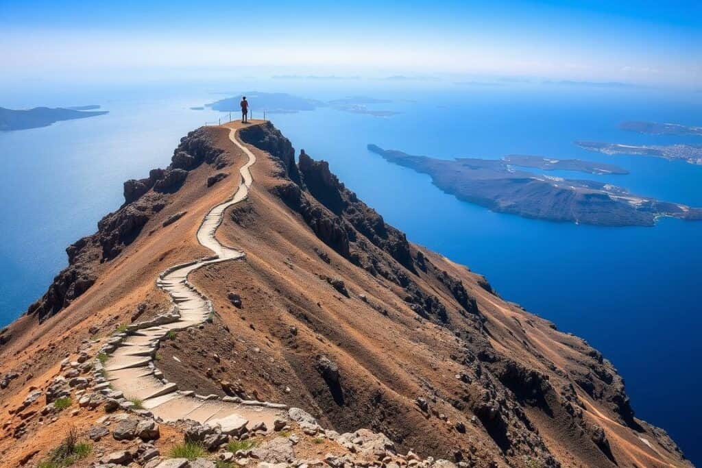 Dramatic Skaros Rock peninsula jutting out into the sea with hiking path visible
