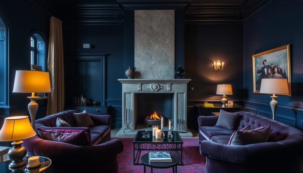 Dramatic fireplace in a dark-walled living room with rich textures and ambient lighting